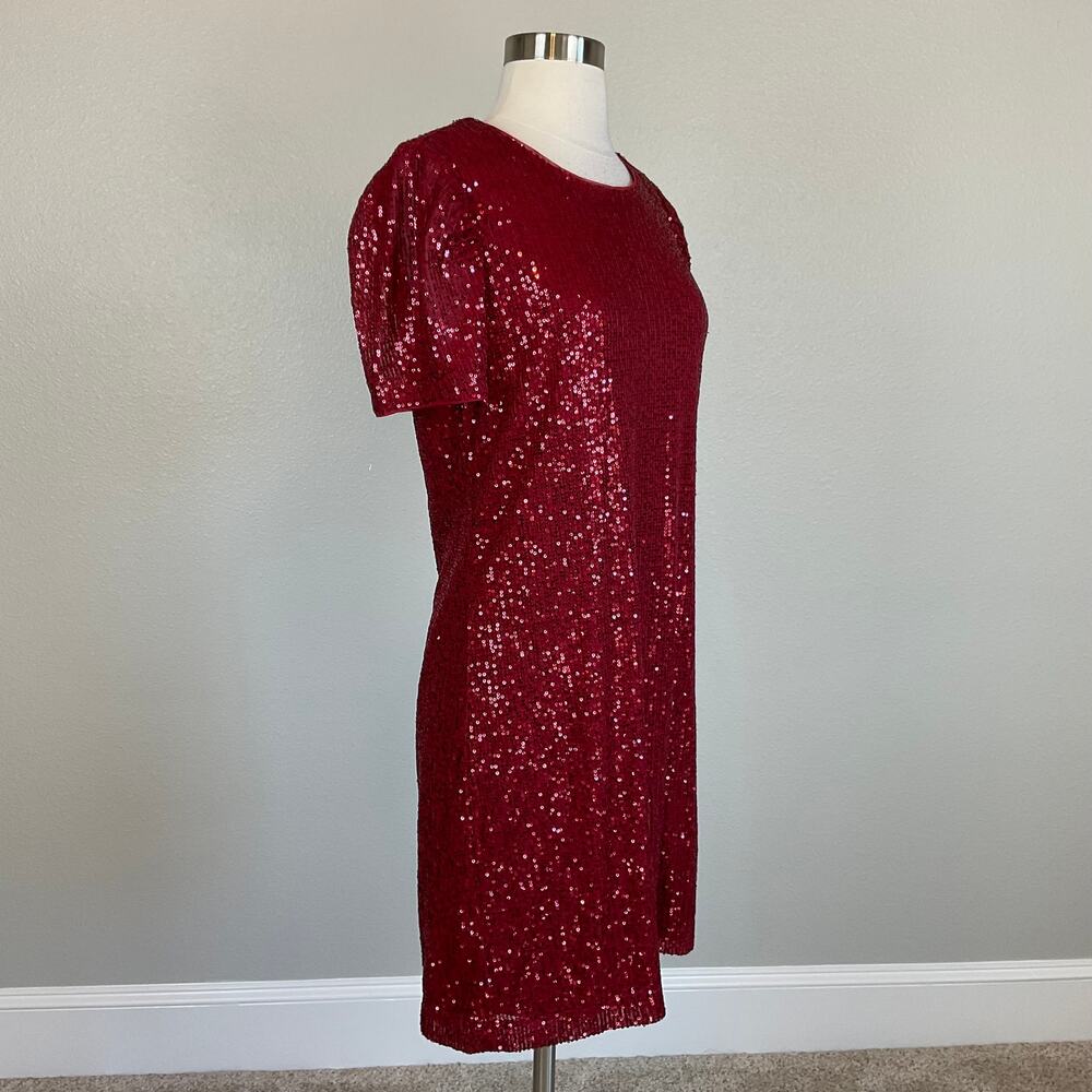 DKNY Red Cocktail Dress Sequined Short Sleeve Scoop Neck Mini Shift Size 8 - Picture 3 of 10